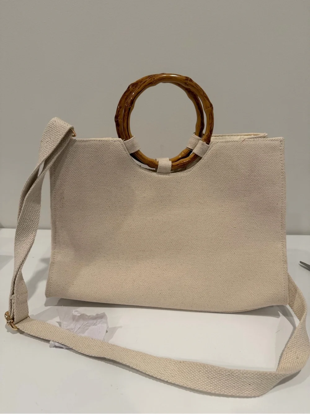 Beaded Ocean Embroidered Canvas Tote Bag with Bamboo Handles - Cream